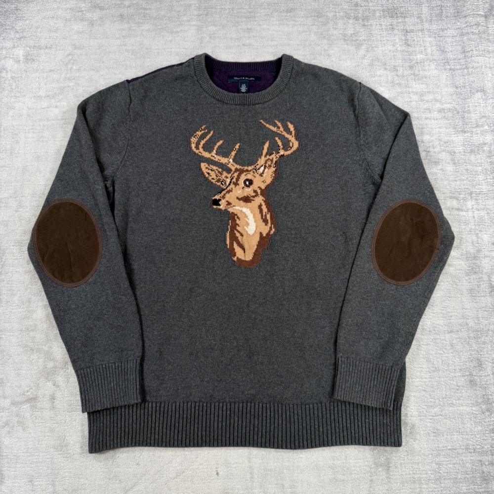 Tommy Hilfiger Sweater Mens Large Grey Purple Elbow Patches Deer Hunting Cabin